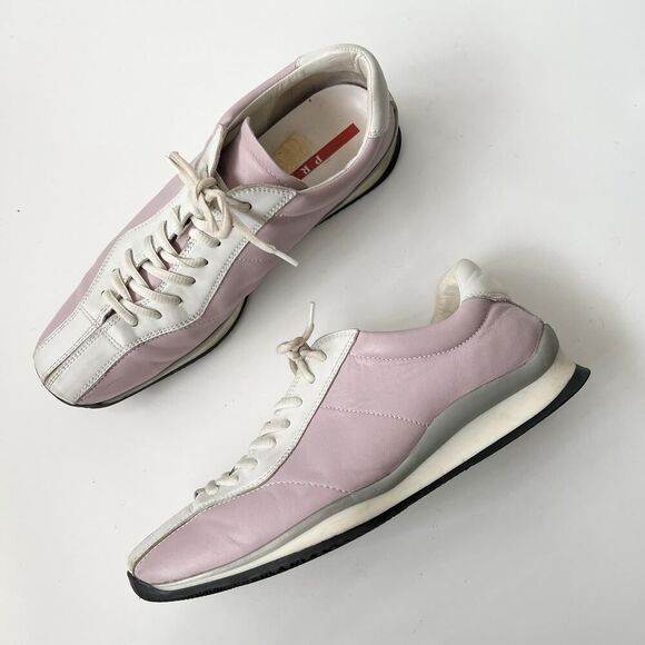 Vintage Prada Sport Sneakers Trainers Lace Up Leather Shoes Pink Silver Size 40 - Picture 1 of 11